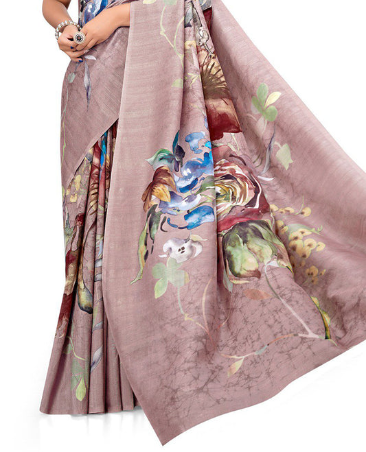 Light Pastel Brown colour Semi linen saree featuring vibrant multicolour floral digital prints on body and pallu, paired with a matching blouse.
