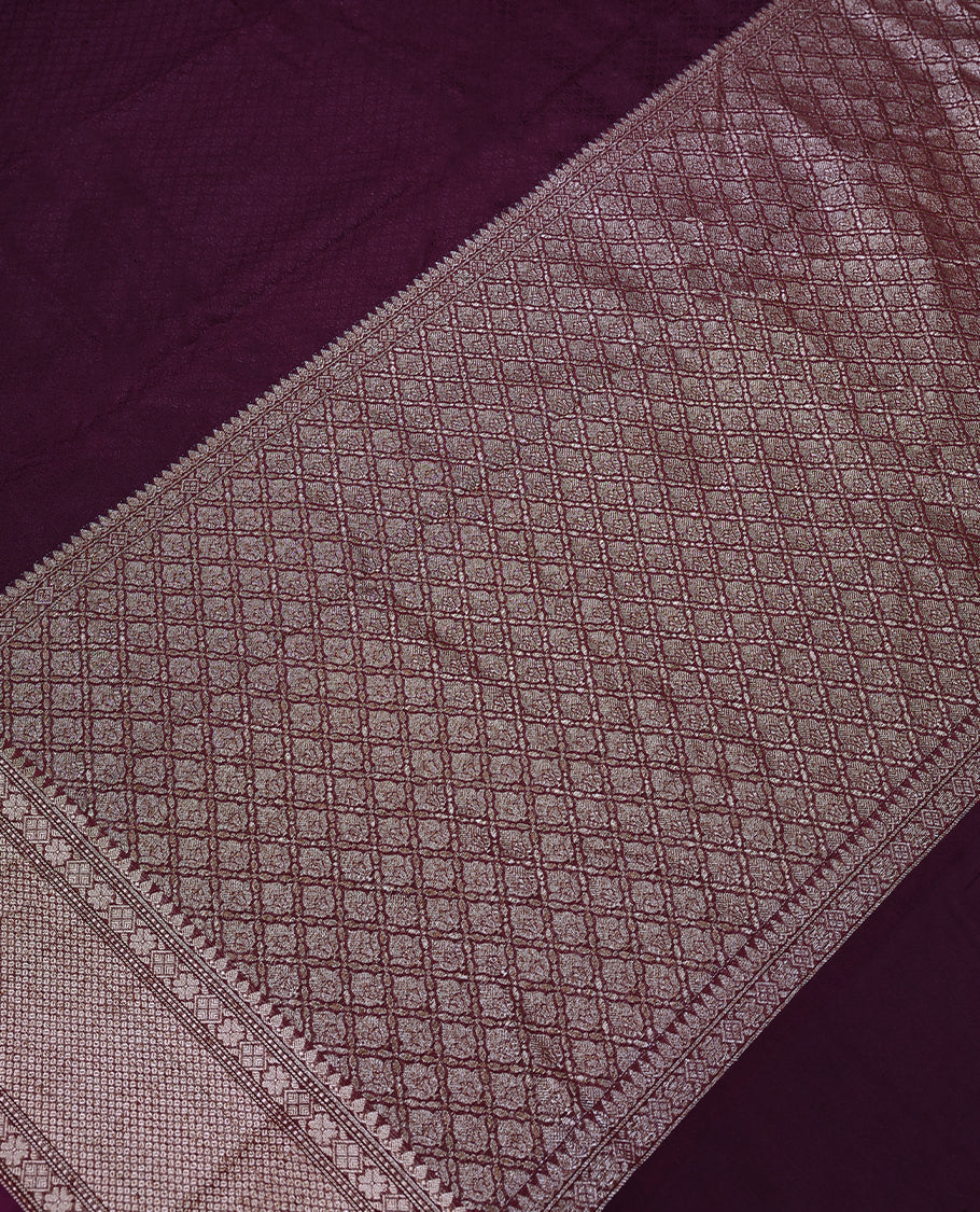 Dark Grape Colour Semi Banaras Georgette Saree having Zari Work in Entire Body with Golden Border and Blouse