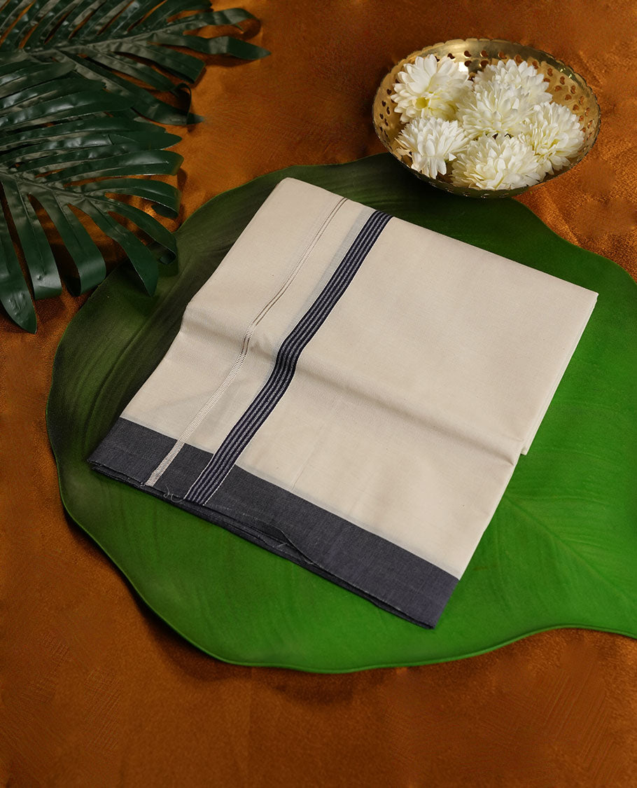 Cream Colour Pure Cotton single Dhoti with Black and Gray Colour simple Border for Men