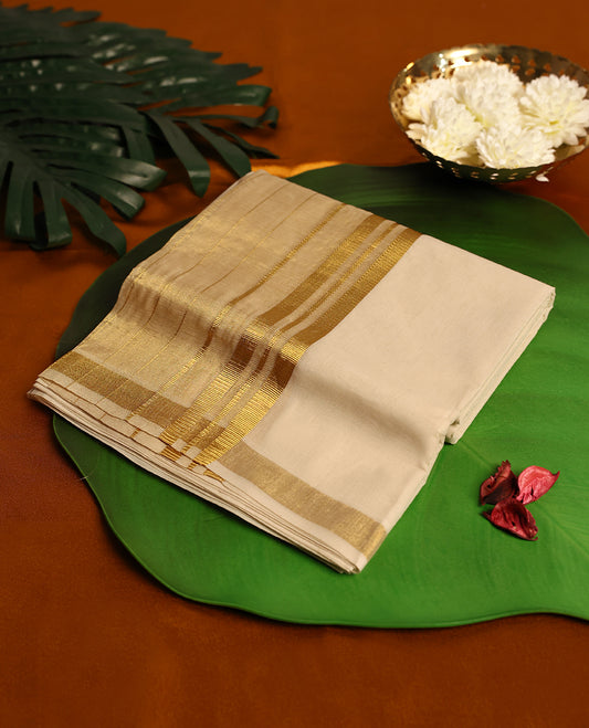 Light ivory Colour cotton double dhoti with Heavy Golden kara, crafted for traditional elegance & comfort, for men.