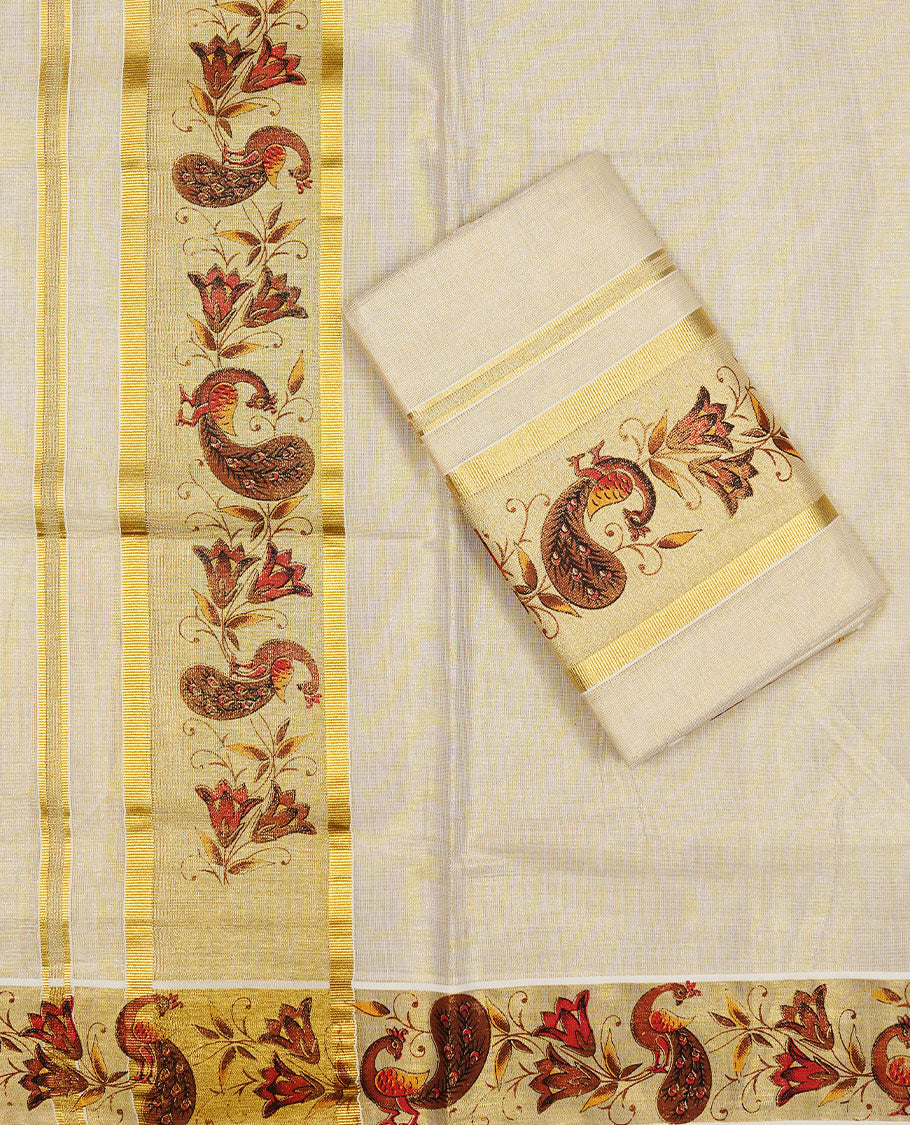 Golden colour Tissue silk set mundu features a plain body accented by a Peacock Print on gold zari border.