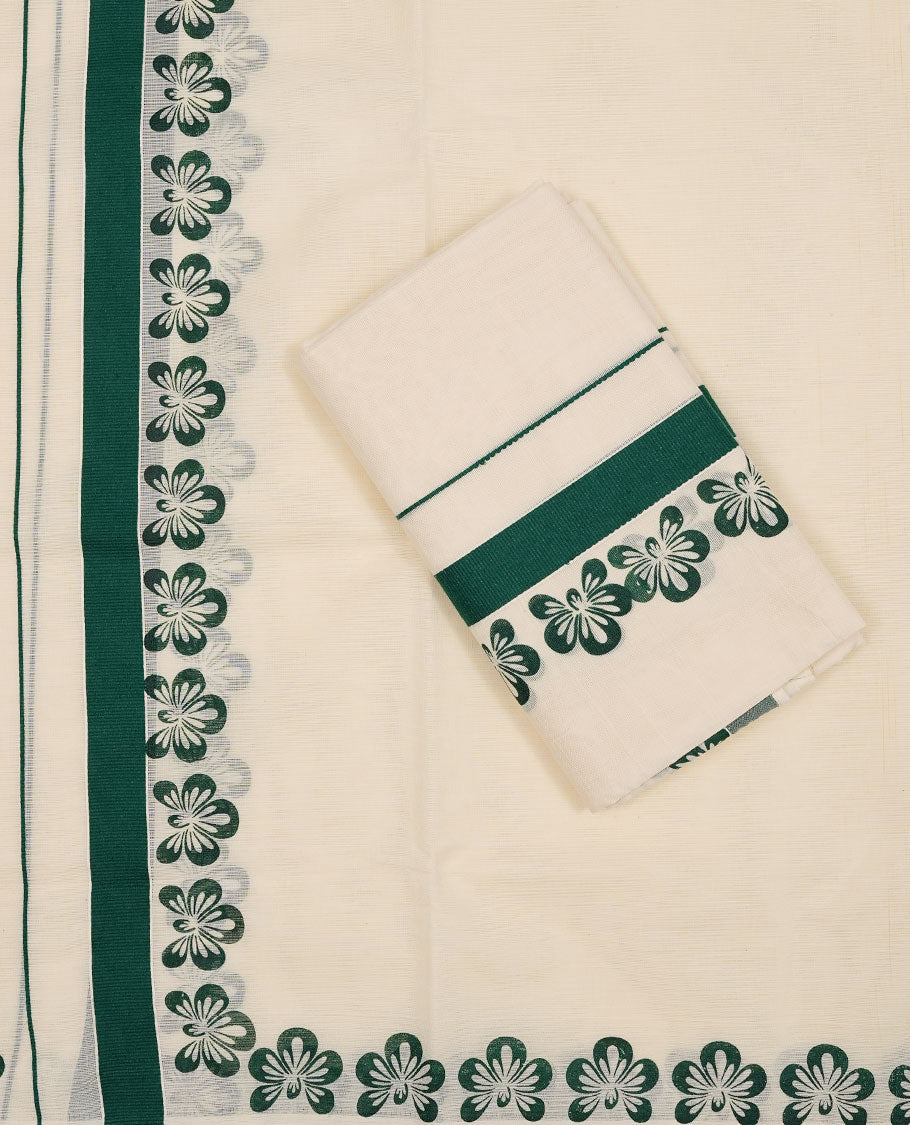 Off white colour Cotton Set Mund featuring a plain body, enhanced by a Green colour printed border.
