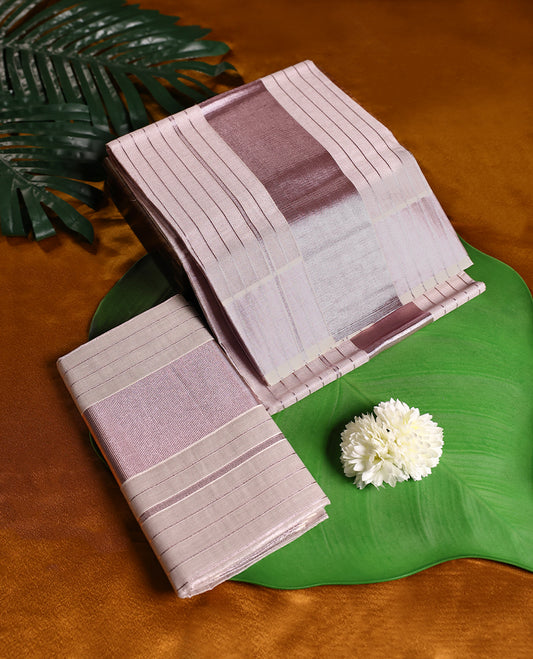 Light Rose Gold colour Tissue SET MUNDU featuring a Striped body, complemented by a Rosegold Zari Bold Border (2.00/2.80 MTS ).
