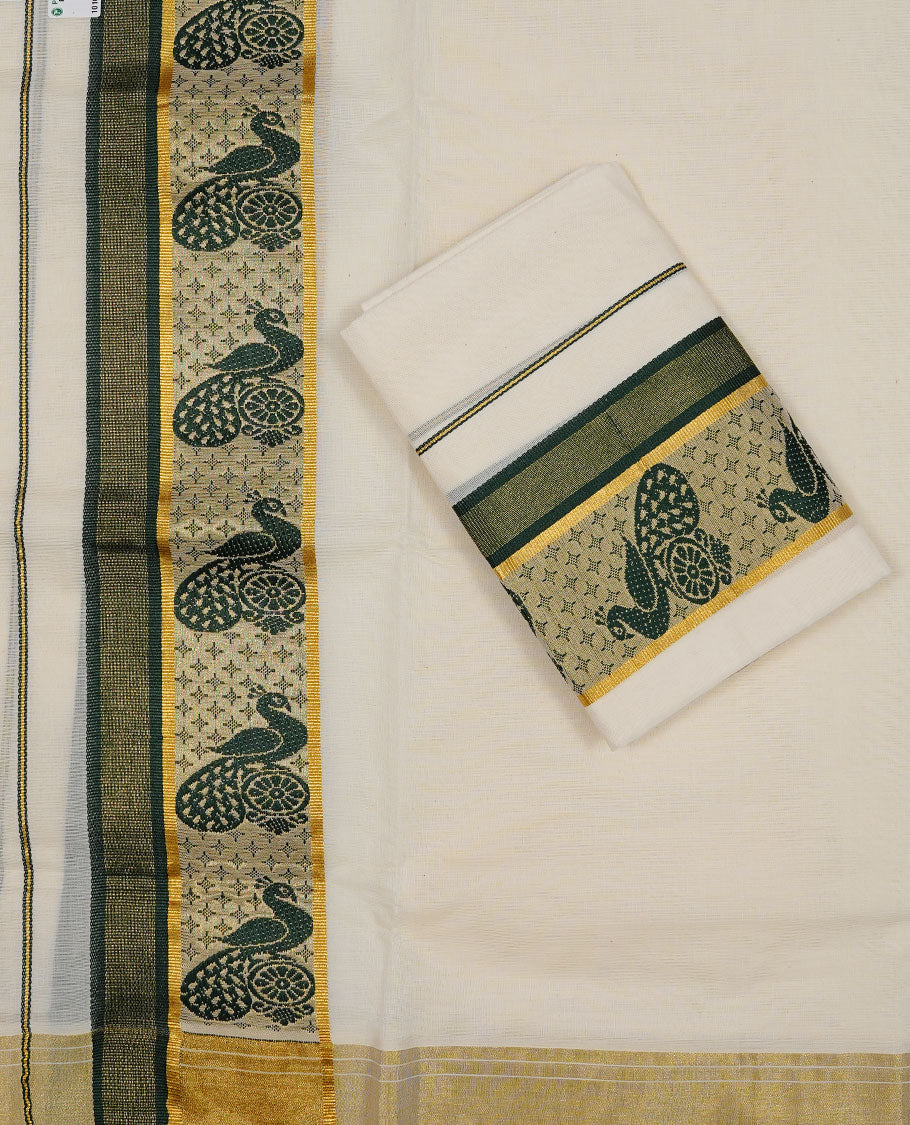 Off white colour Cotton Set Mund featuring a plain body, enhanced by a traditional green and gold woven border with peacock motifs.