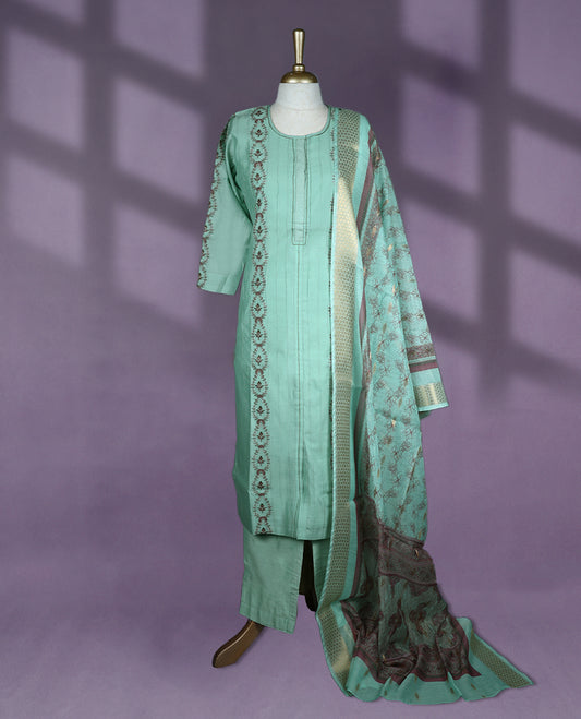 Mint green colour salwar set featuring a round neckline with keyhole detail, three quarter sleeves, elegant embroidered paneling, a coordinated printed dupatta, and matching bottom