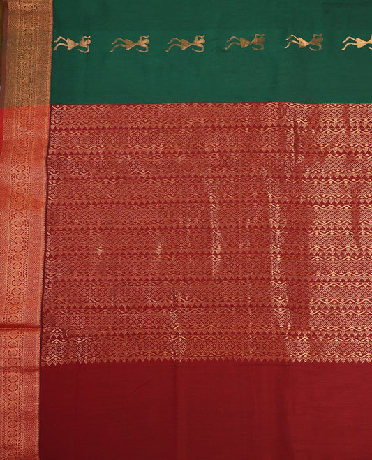 Bottle Green and Maroon Kalyani cotton saree featuring elegant dancing figure motifs on the body, complemented with a richly woven zari border and pallu in maroon, paired with a matching blouse.