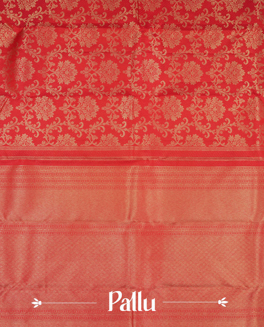 Red rose colour Kanchipuram pattern Manthrakodi saree with antique zari floral design, with brocade design & self zari pallu, elegant zari border, and zari jacquard blouse piece.