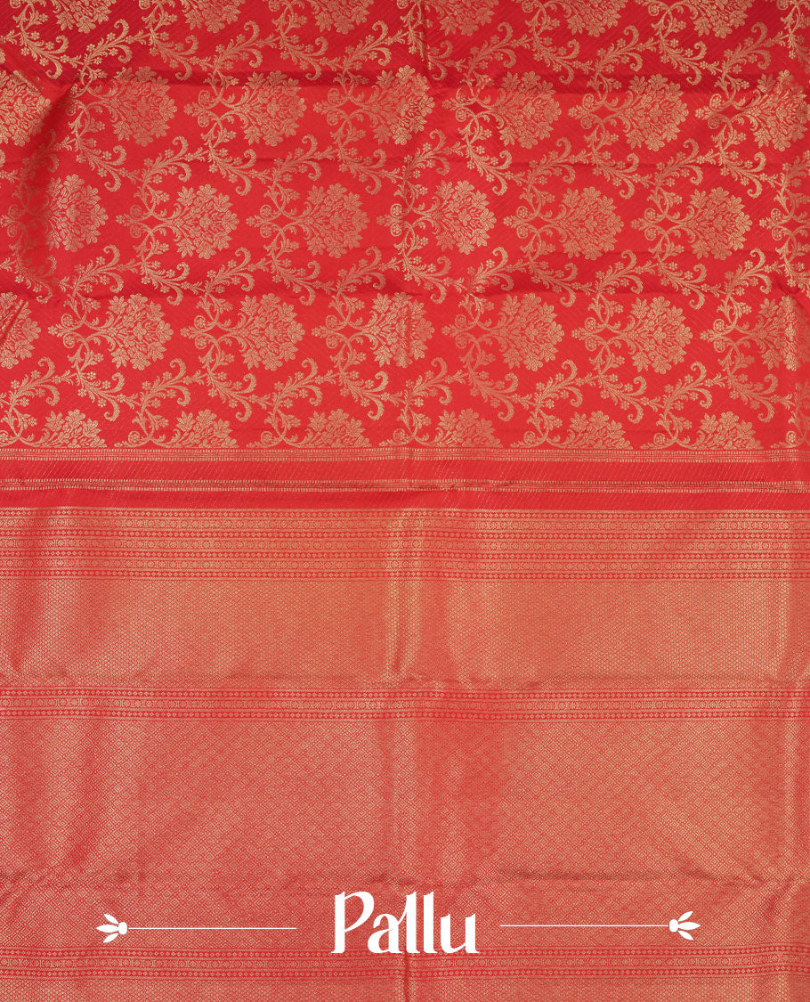 Red rose colour Kanchipuram pattern Manthrakodi saree with antique zari floral design, with brocade design & self zari pallu, elegant zari border, and zari jacquard blouse piece.