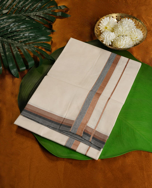 Cream Colour Pure Cotton single Dhoti with Brown, gray and silver Colour Border for Men