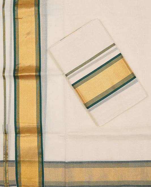 Off white colour Cotton Set Mund featuring a plain body, enhanced by a gold zari border with green stripes.