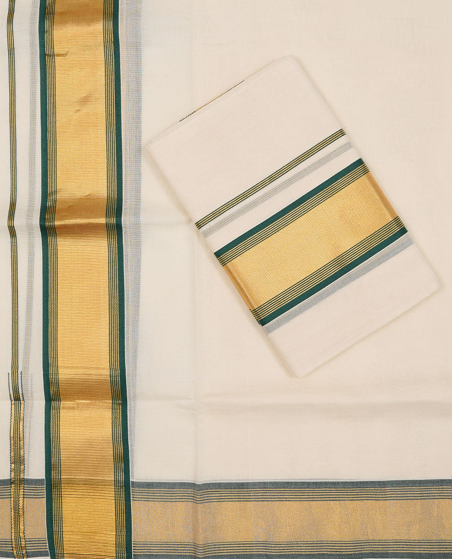 Off white colour Cotton Set Mund featuring a plain body, enhanced by a gold zari border with green stripes.