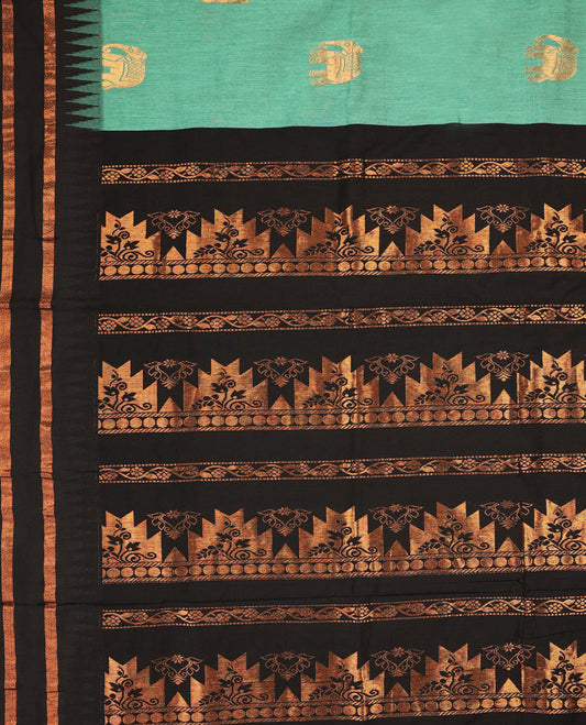 Green shade mixed Kalyani cotton saree featuring Copper zari motifs throughout the body, paired with a Pure Black colour traditional border and pallu, with matching blouse