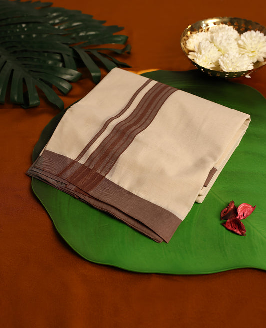 Light ivory Colour cotton double dhoti with dusty brown kara, crafted for traditional elegance & comfort, for men.