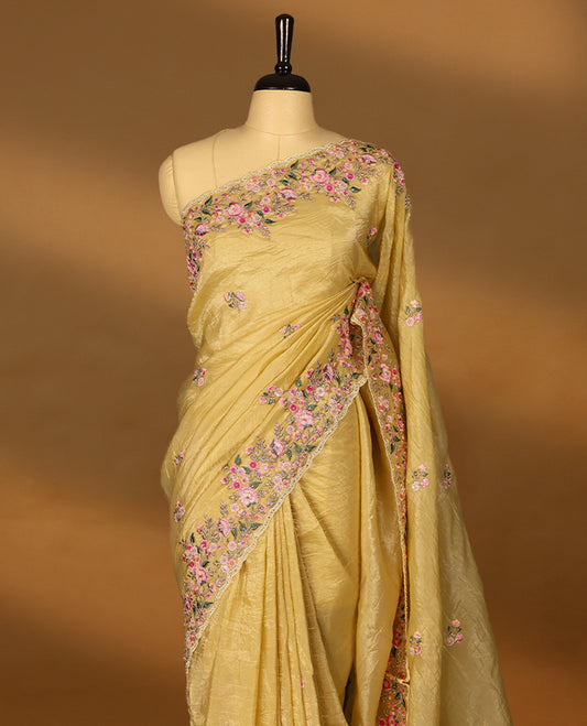Mustard Gold Crush Soft Silk saree featuring Floral Thread Works on the body, complemented by delicate floral embroidery border and a matching  blouse.