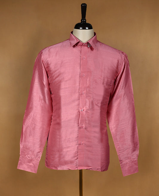 Dusty rose pink SERO brand men's shirt crafted from semi silk fabric, featuring a smooth glossy finish, classic collar, full sleeves, and a chest pocket perfect for festive and traditional wear