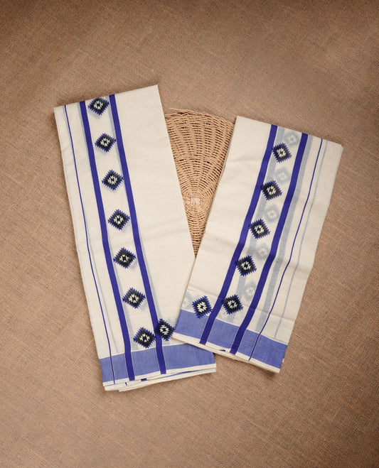 Cream colour set mundu highlighting blue colour pattern in border
