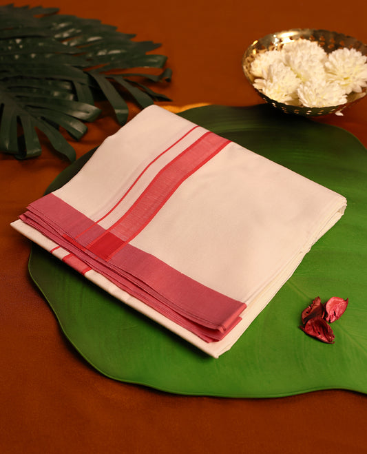 Light ivory Colour cotton single dhoti with 1 Inch Peach Red kara, crafted for traditional elegance & comfort, for men.