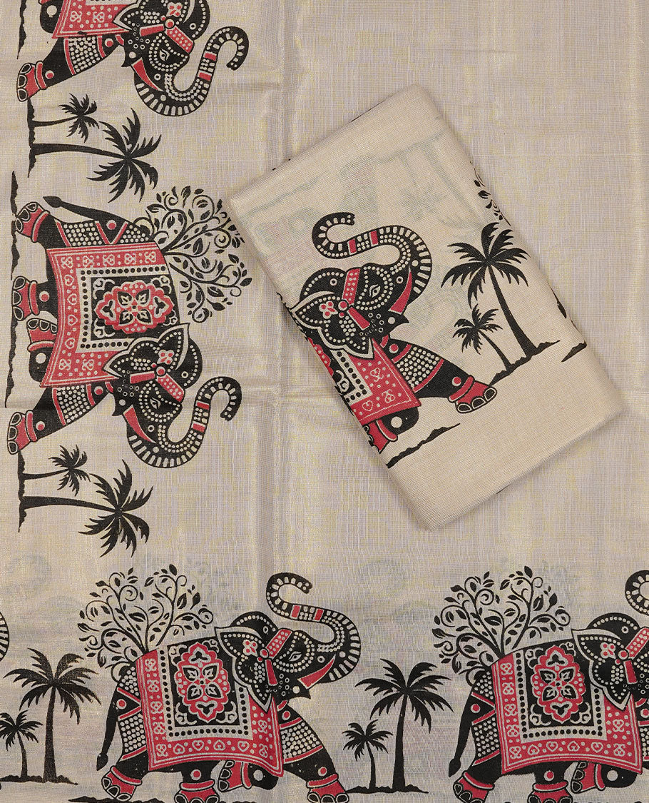 Golden colour Tissue silk set mundu features a plain body accented by a Elephant print border.