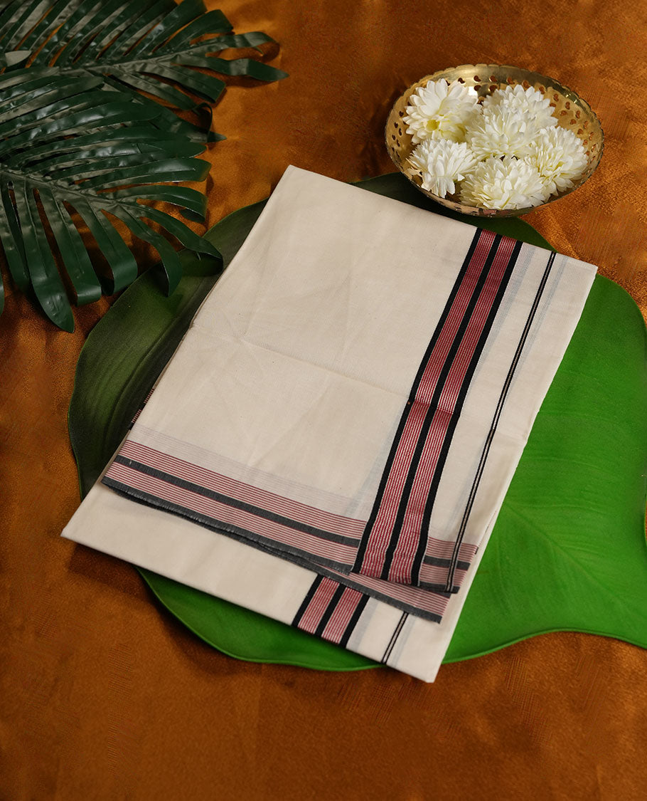 Cream Colour Pure Cotton single Dhoti with Black and red Colour Border for Men
