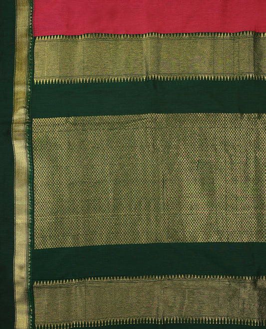 Hibiscus colour mixed Kalyani cotton saree featuring Plain body, paired with Deep Green colour traditional border and pallu, with matching blouse