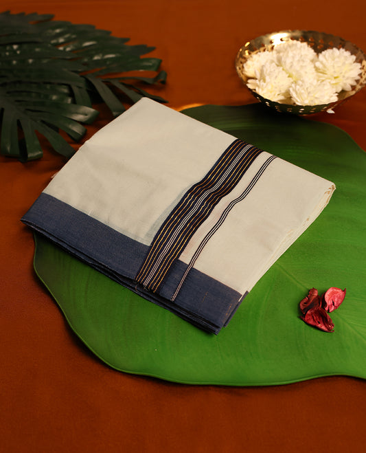 Light ivory Colour cotton double dhoti with 1.5 Inch Midnight Blue kara, crafted for traditional elegance & comfort, for men.