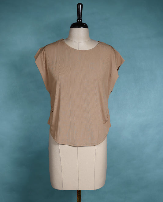 Beige cap sleeve top featuring a round neck and relaxed fit, made from lightweight textured fabric for a chic, effortless style.