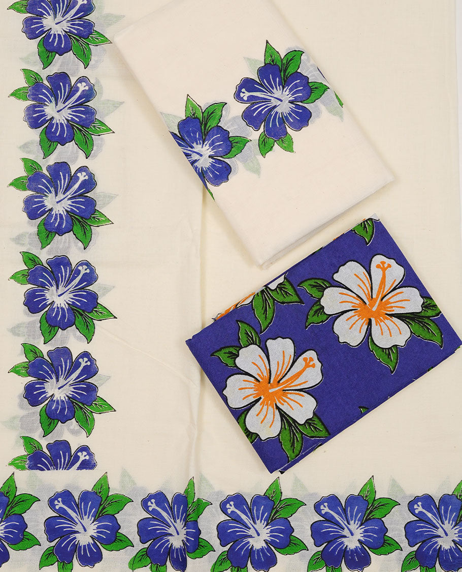 Off white colour Cotton Set Mund featuring a plain body, enhanced by a Blue floral printed border.