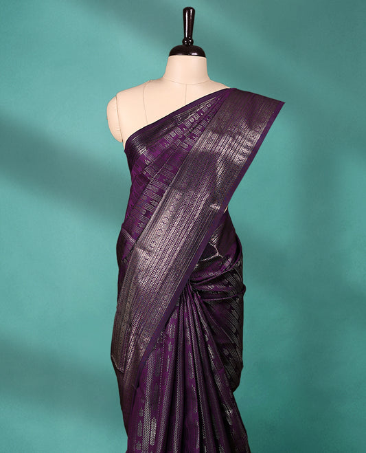 Regal Purple Art Soft Silk Saree showcases intricate silver zari work on the body and border, paired with a matching blouse