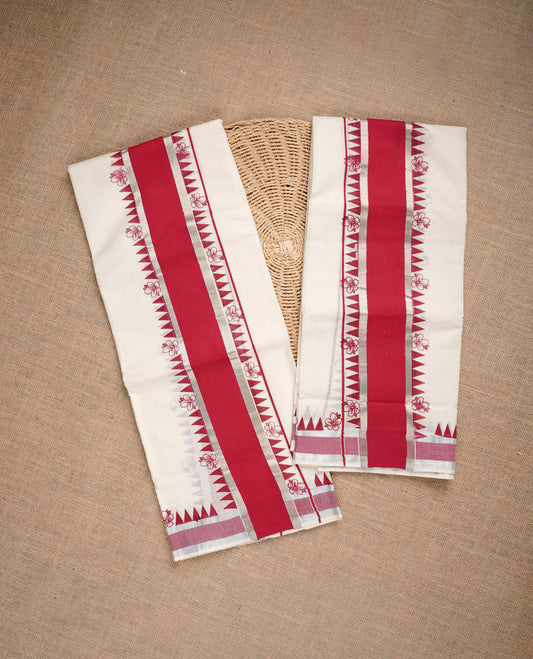 Cream colour cotton set mundu highlighting gold zari border with red colour temple & floral print.