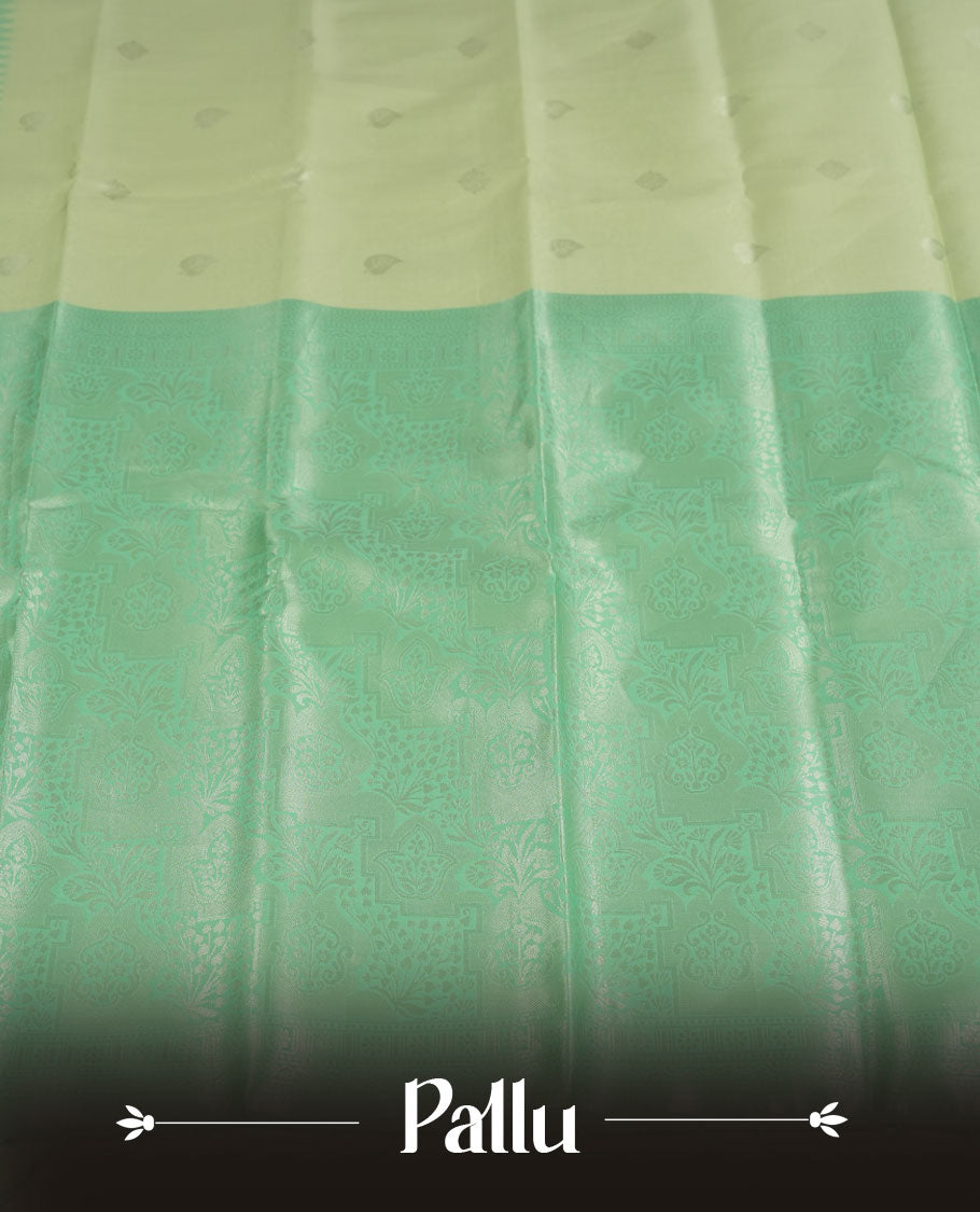 Light green colour semi silk saree adorned with silver leaf motifs on the body, complemented by a aqua green pallu intricately woven with rich floral patterns border and pallu, and paired with a matching blouse