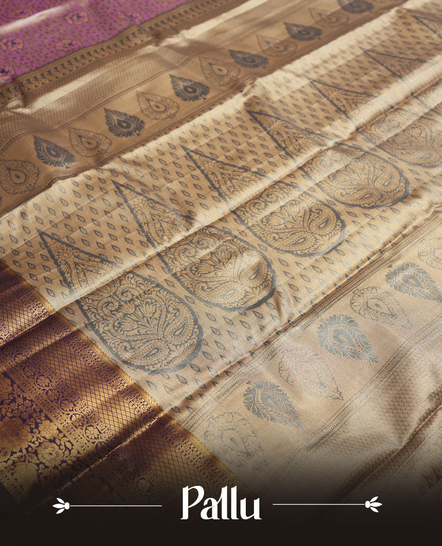Pink colour and Antique gold Zari Tissue Brocade Saree features intricate a floral Motifs on body and rich violet colour with traditional border & pallu, paired with matching blouse