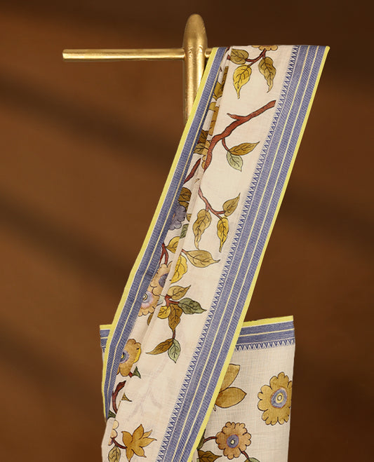 Off-white Colour lightweight khadi cotton saree featuring earthy-coloured digital floral kodi prints on the body and pallu, accented with a Blue border paired with a matching blouse.