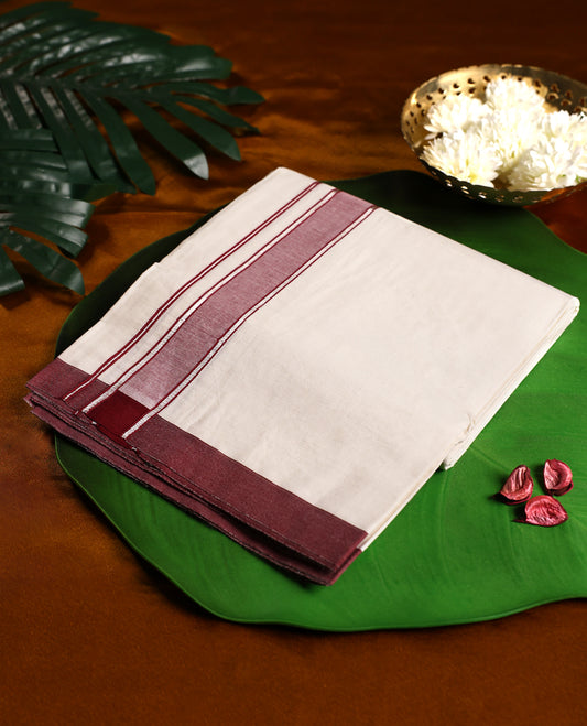 Off white cotton single dhoti featuring a light maroon kara with refined double line edging, offering a blend of simplicity and tradition, perfect for rituals, festive occasions, and cultural gatherings
