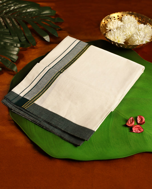Off white colour cotton single dhoti featuring a broad grey kara highlighted with fine golden and black woven lines, crafted for cultural elegance and everyday comfort, perfect for traditional occasions.