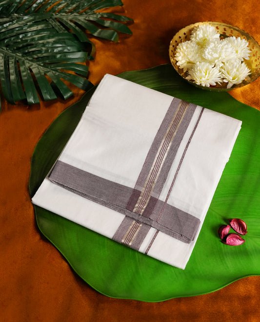 Off white colour cotton single dhoti featuring a bold ash grey kara with elegant double line detailing & Designed for daily comfort and traditional grace ideal for rituals, cultural events, and festive wear.