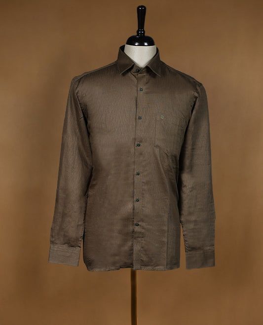 Dark brown colour OTTO men’s shirt in a relaxed formal fit featuring a subtle glossy texture with full sleeves, classic collar, and chest pocket perfect for elegant occasions