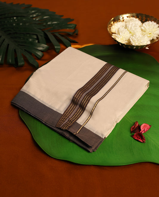 Light ivory Colour cotton double dhoti with 1.5 Inch Brown kara, crafted for traditional elegance & comfort, for men.