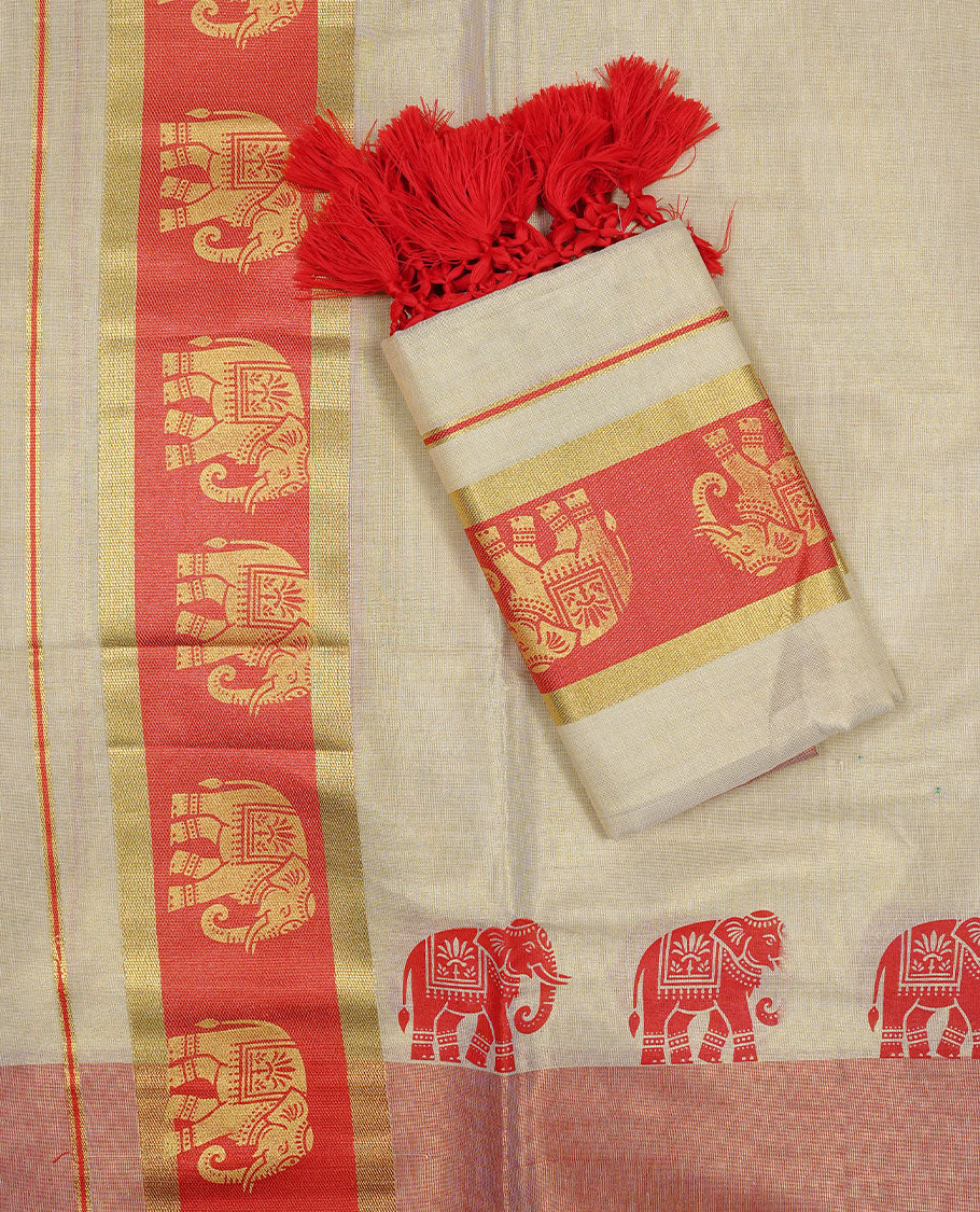 Golden colour Tissue silk set mundu features a plain body accented by a Elephant print on gold zari border.