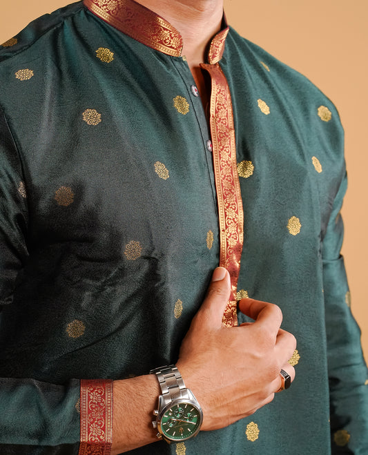 Green colour men's kurta featuring elegant Gold zari buttas on body, complemented by sleeves for a refined and festive look.