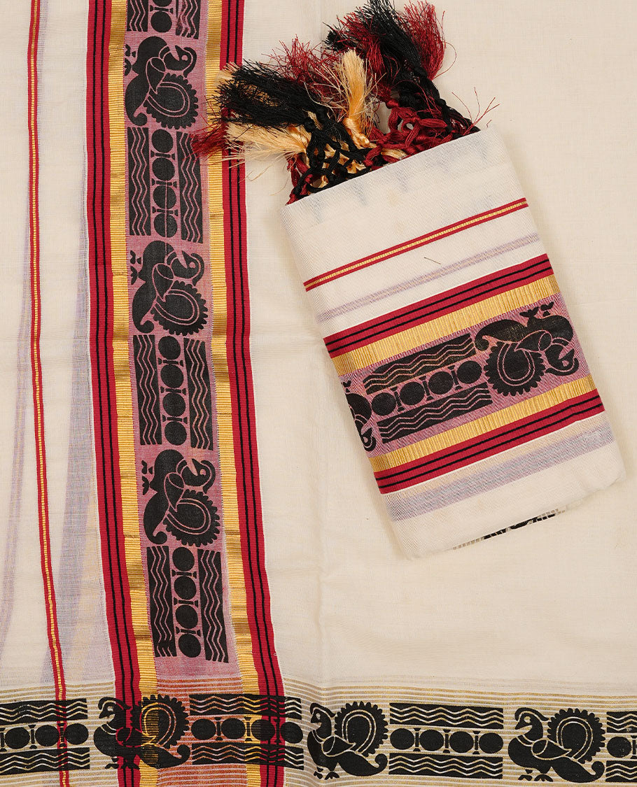 Off white colour Cotton Set Mund featuring a plain body, enhanced by a traditional black motif woven border with red and gold zari stripes.