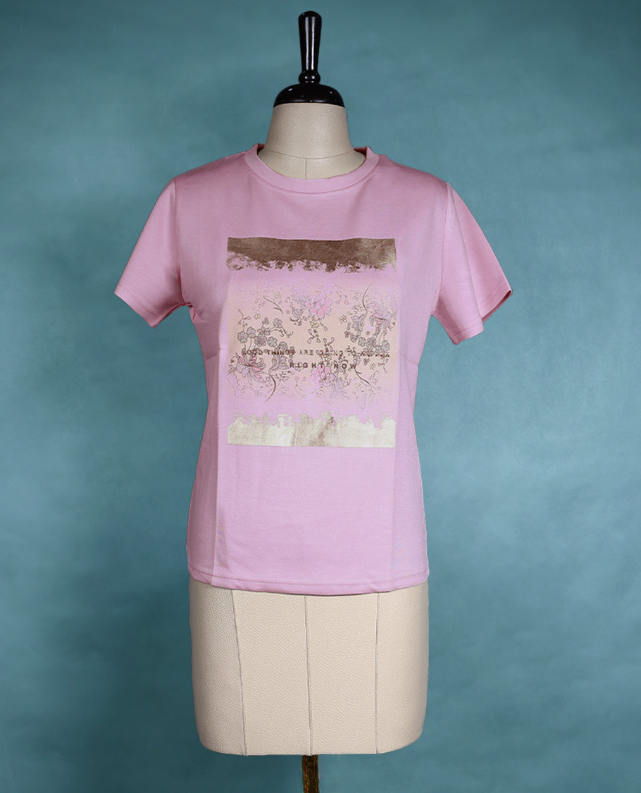 Pink short sleeve T shirt featuring a round neck and slim fit, made from soft cotton fabric for a comfortable everyday look.