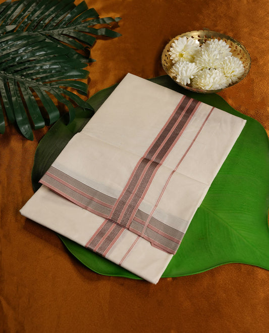 Cream Colour Pure Cotton single Dhoti with rose gold and black Colour Border for Men