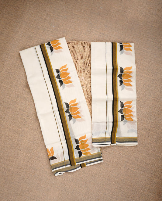Cream colour set mundu highlighting yellow lotus with yellow & black border.