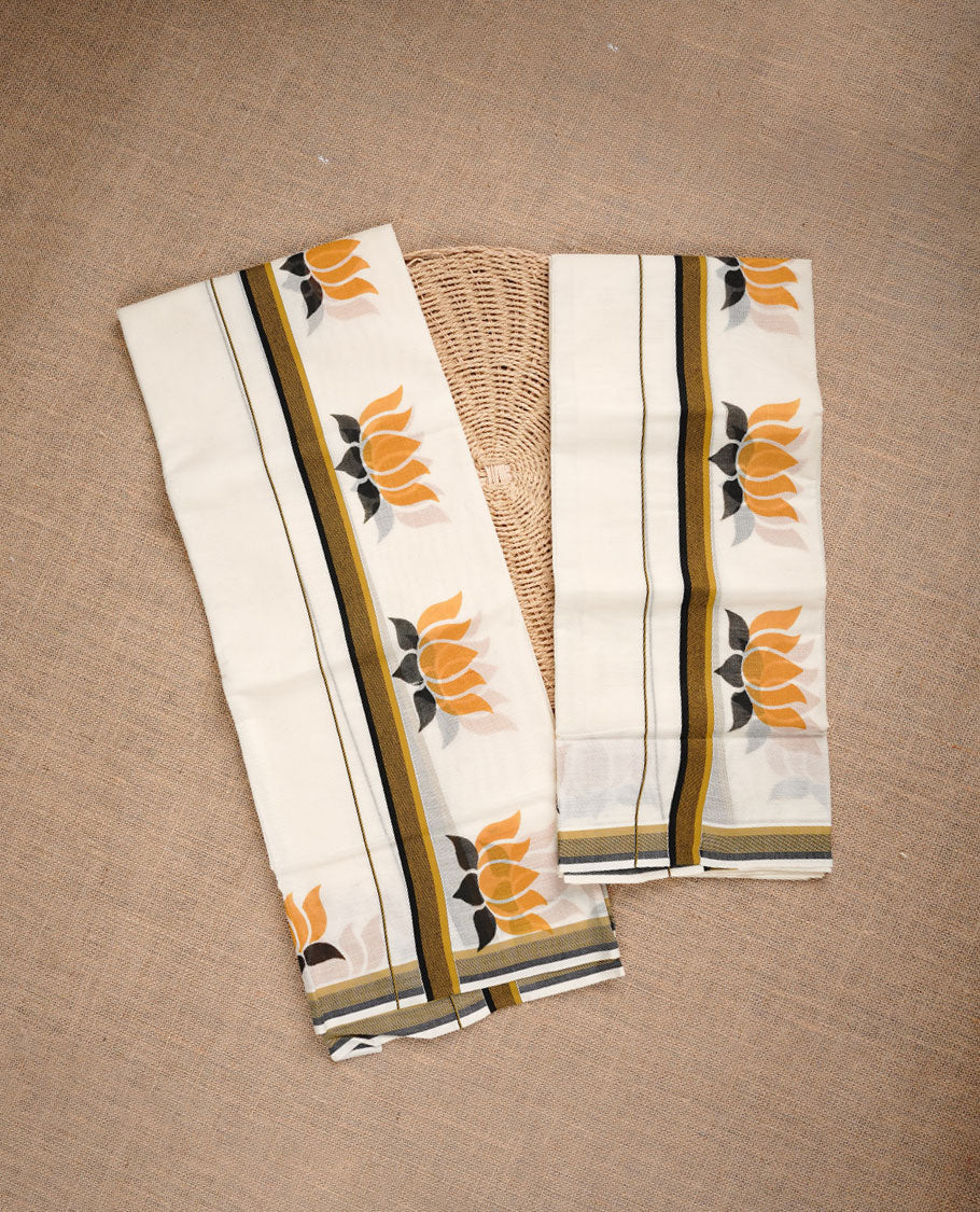 Cream colour set mundu highlighting yellow lotus with yellow & black border.
