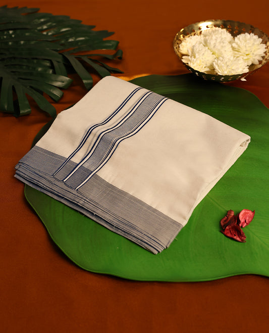 Light ivory Colour cotton double dhoti with 1.5 Inch Black Striped kara, crafted for traditional elegance & comfort, for men.