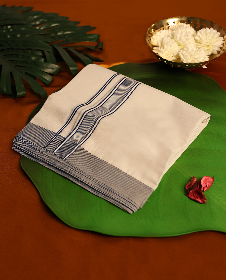 Light ivory Colour cotton double dhoti with 1.5 Inch Black Striped kara, crafted for traditional elegance & comfort, for men.
