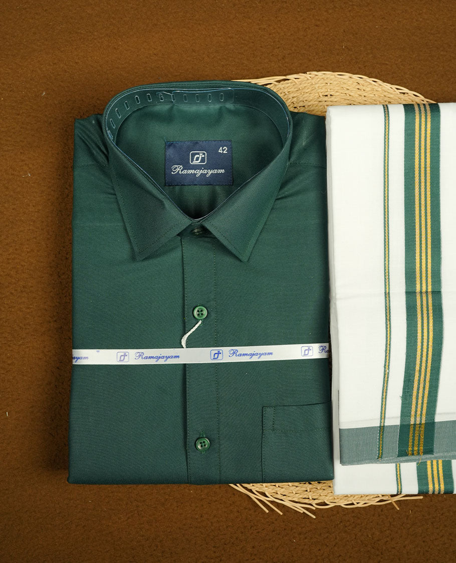 Dark Green Colour shirt paired with a matching dhoti, finished with a Dark green and gold border.