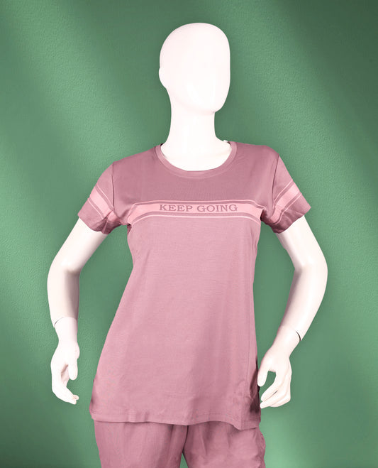 Dusty mauve colour nightwear featuring a round neckline, short sleeves with satin panel detailing, and straight-fit pants accented with matching satin trims at the cuffs.