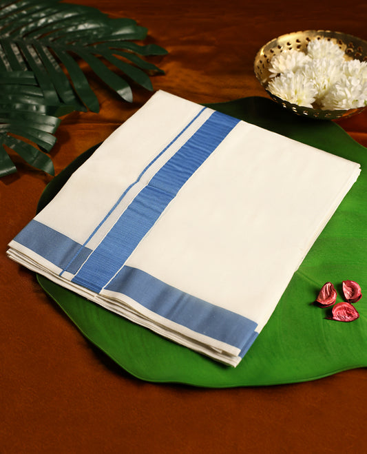 Off white cotton single dhoti featuring a blue kara with subtle double line edging, designed for a classic traditional look, offering both comfort and grace, ideal for rituals, festive wear, and cultural gatherings.