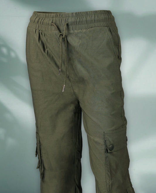 Olive green colour cargo pants with a relaxed fit and functional side pockets for a stylish utilitarian look